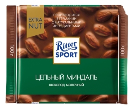 Шоколад RITTER SPORT Молочный, ЦЕЛЬНЫЙ МИНДАЛЬ, 100 гр. Лента